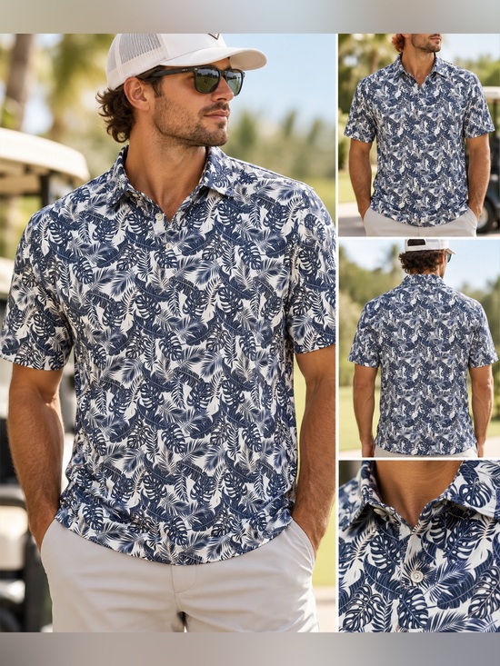 Straight Down Other - Straight Down Performance Golf Polo Navy Tropical Print Men's Large